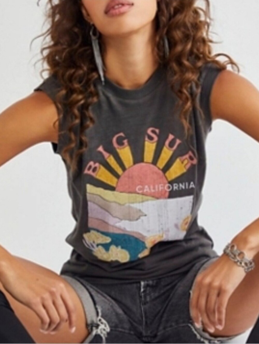 Free People X Girl Dangerous Big Sur Brown Graphic Muscle Tank Top Vintage Retro